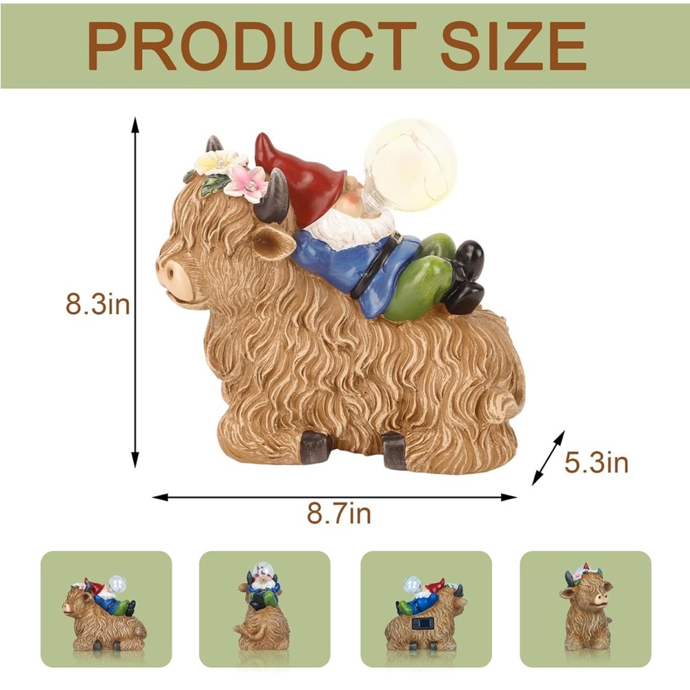 Solar Highland Cow Gnome Garden Decor Statue, Outdoor Funny Solar Light - Picture 2 of 10